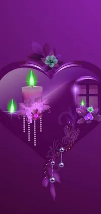 This live wallpaper showcases a stunning purple heart design with intricate details, featuring candles and flowers which emit a warm and romantic feel