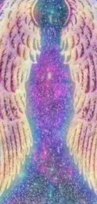 This phone live wallpaper showcases two angel wings in a galactic, psychedelic art style by Tumblr artist