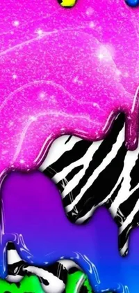 Decorate your phone with a stunning live wallpaper showing a group of zebras and giraffes, standing close to each other in a colorful and whimsical digital art