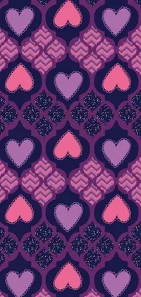 This live phone wallpaper features a lovely purple-pink pattern of hearts and arabesques