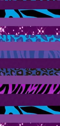 This phone live wallpaper features a striking purple and blue pattern with zebra stripes, mixed animal accents, and shimmering satin ribbons