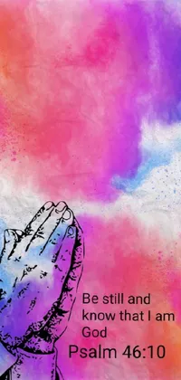 Looking for a unique and colorful live wallpaper that reflects your spiritual side? Look no further than this stylish design! Featuring a bookmark-shaped image of a praying hand in shades of pink and blue, set against a watercolor-style background, this wallpaper is perfect for your phone's background