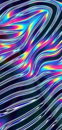 This live wallpaper features a multicolored wave pattern on a black background, inspired by abstract illusionism and made of holographic texture, warped vhs, marbling, neon wires, and geometric shapes