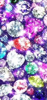 This phone live wallpaper features an exquisite digital art piece of dazzling diamonds arranged on a table