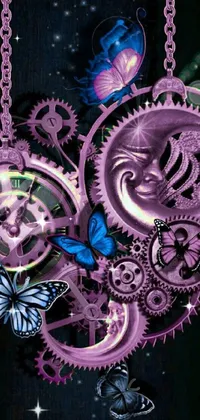 This phone live wallpaper showcases a clock with intricate gears and a butterfly resting on it, set against a mesmerizing background of vivid purple tubes