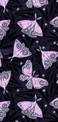 Featuring a stunning display of purple butterflies on a black background, this live wallpaper is inspired by the art nouveau movement and boasts intricate floral motifs