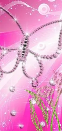 This phone live wallpaper features a charming pink background adorned with a striking butterfly, delicate flowers, and sparkling diamond chain made of crystals