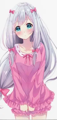 This enchanting phone live wallpaper features an anime drawing of a long-haired, white-haired girl in pale blue-eyed beauty wearing a pretty pink dress