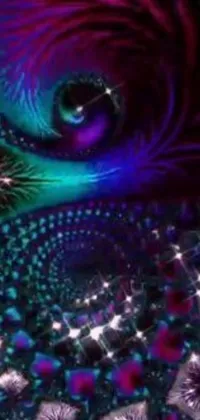 This animated phone wallpaper features a striking image of a peacock's eye with captivating and kaleidoscopic patterns in a stunning purple hue