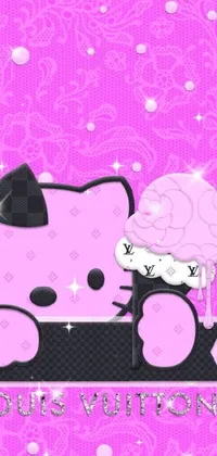 This live wallpaper showcases a delightful Hello Kitty holding a yummy cupcake on a lovely pink background