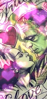 This stunning live wallpaper for your phone features a beautiful drawing of a romantic kiss between a man and a woman