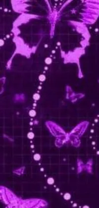 This phone wallpaper features a charming and girly design of purple butterflies set against a black background