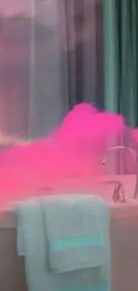 This phone live wallpaper depicts a bathroom scene with a tub, sink and window, accompanied by pink smoke and rainbow clouds in the background