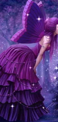 This phone live wallpaper features a mesmerizing fantasy art of a woman dressed in purple holding a butterfly in a magical forest