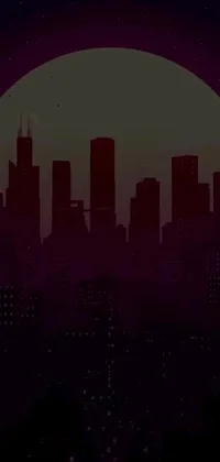 This live wallpaper showcases a striking digital art scene depicting a nocturnal city with a full moon in the sky, set against a dark negative space