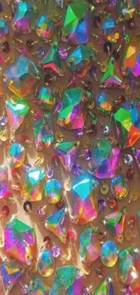 This phone live wallpaper features animated multicolored confetti particles, crystal cubism inspired by Tumblr, and opal statues adorned with jewels overlayed with fractal details and diamond skin