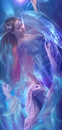 This stunning phone live wallpaper features a captivating scene of two mermaids, rendered in a gorgeous blue and violet palette, floating serenely in a peaceful water body