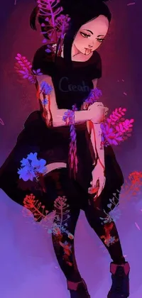 This phone live wallpaper features a beautiful black dress anime character with flowers growing out of her body
