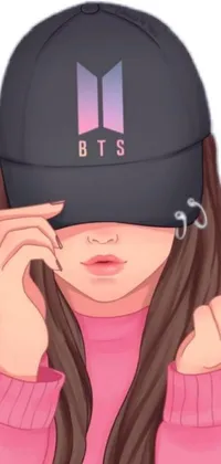 This live wallpaper for your phone features an anime-style drawing of a girl in a pink sweater sporting a black hat and visor