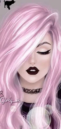This live wallpaper features a captivating digital painting of a stylish, gothic-inspired woman with long pastel hair and seductive lips