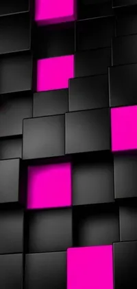 This live wallpaper displays black and pink cubes arranged in a room, creating a modern and abstract design