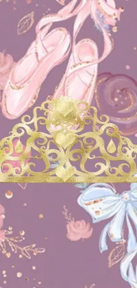 This phone live wallpaper features a digital rendering of a crown and pair of ballet shoes in an art nouveau style