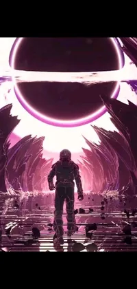 A stunning space-themed live wallpaper featuring a character in a spacesuit walking through a tunnel against a purple ominous sky