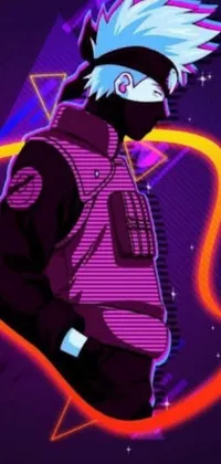 This striking phone live wallpaper features a person wearing a cyber future jacket standing in front of a vibrant neon background