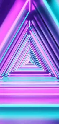 This phone live wallpaper showcases a triangle shaped tunnel illuminated by purple and blue lights