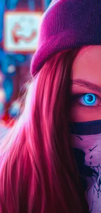 This stunning phone live wallpaper features a woman with a skull face in a cyberpunk world