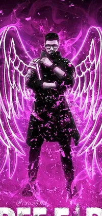 This live phone wallpaper showcases a stunning cyberpunk image of a winged male figure against a captivating purple background