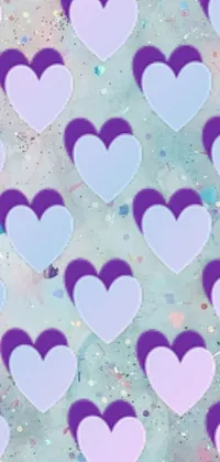 This phone live wallpaper is an explosion of purple and white hearts on a light blue background