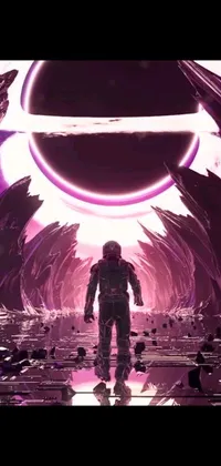 This space-themed live wallpaper features a man in a suit walking through a purple, liquid metal tunnel