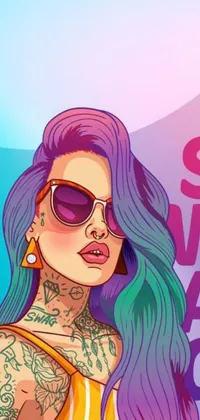 This vibrant phone live wallpaper features a bold and confident woman with purple hair, donning sunglasses and an eye-catching yellow dress against a backdrop of vaporwave-style graphics