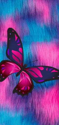 This live wallpaper features a gorgeous purple and blue butterfly set against a soft pink and blue background