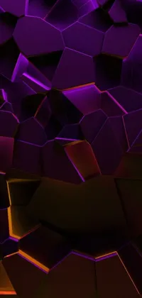 This phone live wallpaper features a collection of purple cubes stacked on top of each other, with a low poly render and glowing cracks