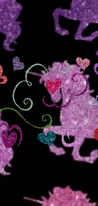This phone live wallpaper features a mesmerizing digital rendering of unicorns and hearts on a black background