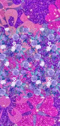 This phone live wallpaper features purple flowers on a table, with an elegant and intricate design