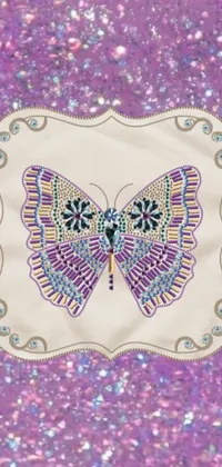 This phone live wallpaper showcases a vivid butterfly on a deep purple backdrop in a stippled, Art Nouveau style