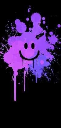 Looking for a bold and colorful live wallpaper to dress up your phone? This design features a purple and blue splattered smiley face on a black backdrop, inspired by deviantart and graffiti art
