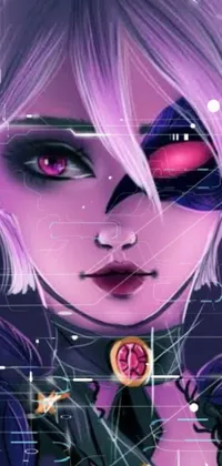 This stunning live wallpaper features a character portrait with vibrant purple hair and piercing silver eyes