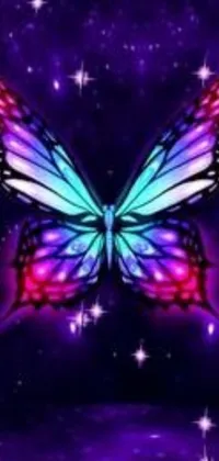 This live wallpaper features a purple and blue butterfly with glowing white wings set against a starry background