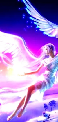 This stunning phone live wallpaper features breathtaking digital art, depicting a woman with large white wings flying through the air