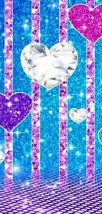 This phone live wallpaper features a whimsical design with floating purple and blue hearts, glittered crystals, and a customizable text bubble for your favorite quote or message