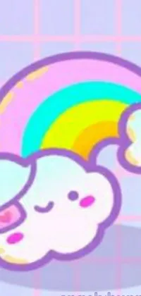 This phone live wallpaper showcases fluffy clouds resting atop a pastel rainbow in a cutecore style