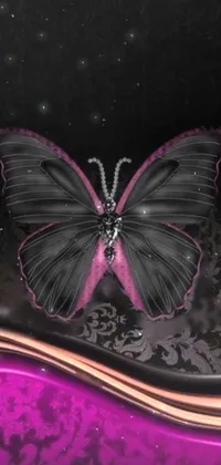This phone live wallpaper boasts a captivating purple and black design, featuring a beautiful butterfly at its center on a black wall