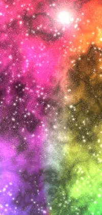 This phone live wallpaper offers a colorful and vibrant space filled with stars, digital art, and rainbow smoke