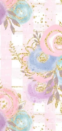 This beautiful live wallpaper features a digital art design with pink, blue, and gold flowers arranged in a cascading manner