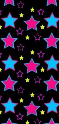 This live phone wallpaper features colorful stars on a black background, inspired by tumblr and pop art