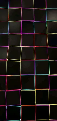 This phone live wallpaper features a generative art display of multicolored squares on a black background